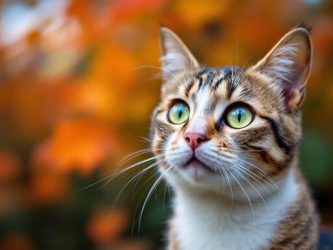 A detailed close-up of a domestic cat with soft fur and expressive eyes, radiating curiosity. photo