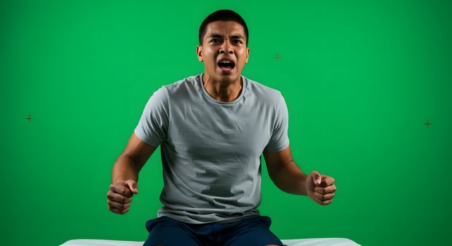 A man is sitting on a bed with his hands open photo