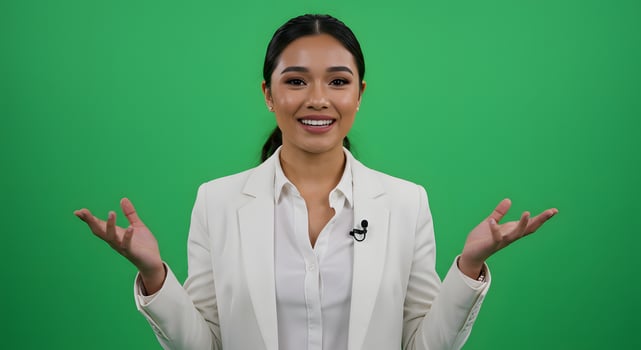 A woman in a white suit is holding her hands up photo