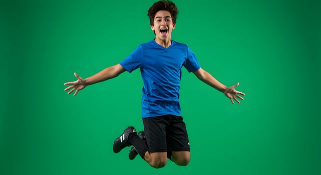 A young man jumping in the air on a green screen photo
