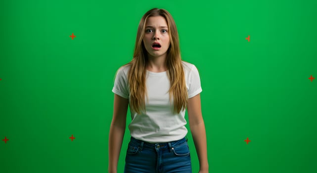 A woman is surprised on a green screen photo