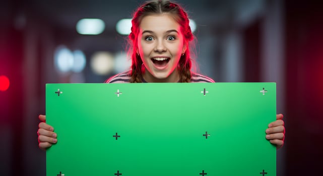 A girl holding up a green screen photo