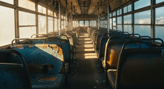 Exploring Abandoned Bus Interior with Peeling Paint and Sunlight Streaming photo