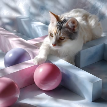 Curious Calico Kitten Playing with Pastel Spheres in a Modern Abstract Setting photo