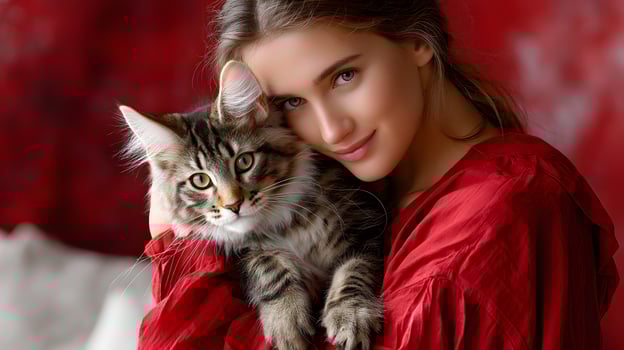 Beautiful Young Woman in Red Dress Gently Holding Adorable Kitten Close Up Portrait photo