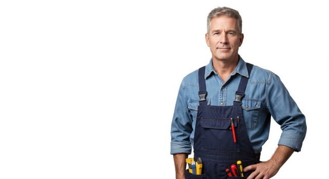 Confident Mature Handyman in Denim Work wear with Tools on White Background photo