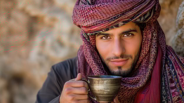 A Handsome Arabian Man in Traditional Attire Sipping Tea Amidst Rocky Landscape photo