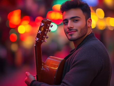 Night City Musician A Portrait of a Young Man with his Acoustic Guitar Underneath Colorful Lights photo