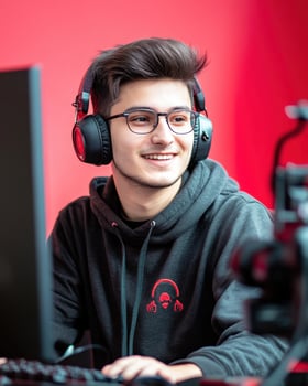 Young Gamer Focused on PC Gaming Wearing Headphones and Hoodie photo