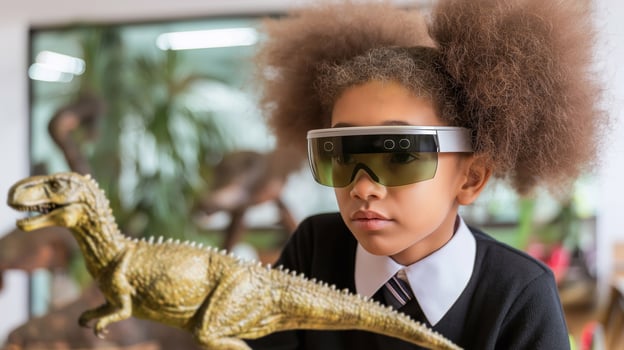 Curious schoolgirl with afro puffs wearing augmented reality headset explores a dinosaur model in a modern classroom, blending education with immersive VR learning technology. photo