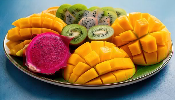 A colorful fruit platter featuring fresh mango, dragon fruit, and kiwi, beautifully arranged on a plate. photo