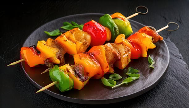 Juicy grilled kebab skewers with colorful bell peppers, mushrooms, and tender meat, served on a black plate. photo