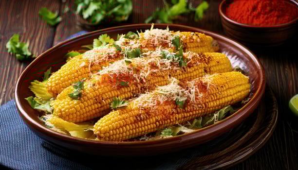 A bowl of delicious Mexican elote corn, grilled to perfection and topped with cheese, spices, and fresh herbs. photo