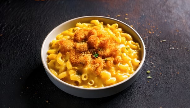 A comforting bowl of creamy mac and cheese topped with crispy golden breadcrumbs, served in a white dish. photo