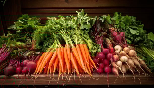 A rustic assortment of freshly harvested carrots, beets, and radishes with vibrant greens, displayed on a wooden shelf. photo