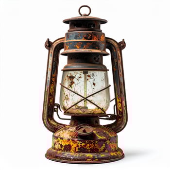 Rusted Metal Lantern with Faded Paint and Cracked Glass Panes photo