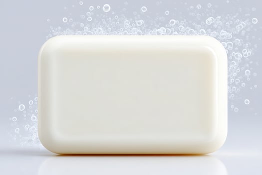 A plain white soap bar rests on a smooth surface, surrounded by floating bubbles that emphasize cleanliness and freshness. The soft gray background adds a soothing touch to the composition. photo
