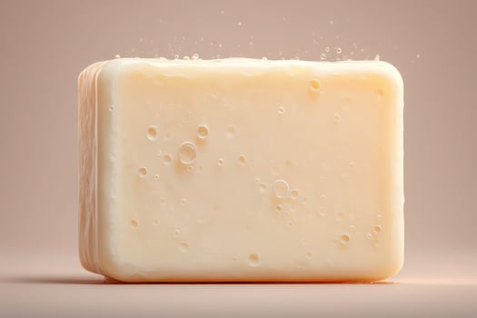 A creamy block of soap is displayed on a gentle surface, with soft bubbles emerging from the top, creating a fresh and inviting appearance. The background is a warm muted color. photo