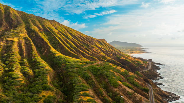 Top of the Diamond Head Crater in Honolulu, Hawaii, USA. Stunning slopes of the rugged mountains photo