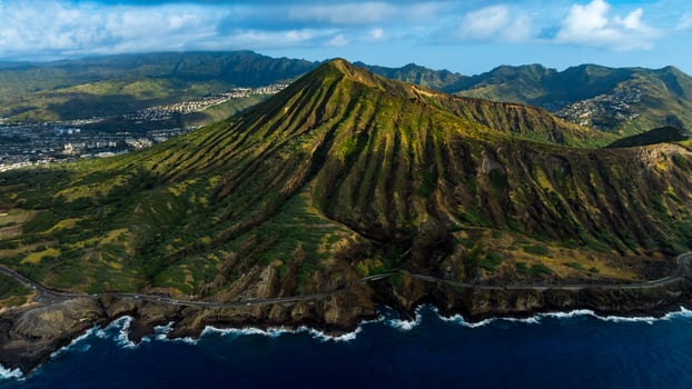 Diamond Head Crater in Honolulu, Hawaii, USA. Stunning slopes of the rugged mountains. Aerial view photo