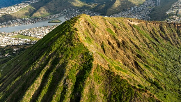 Top of the Diamond Head Crater in Honolulu, Hawaii, USA. Stunning slopes of the rugged mountains. photo