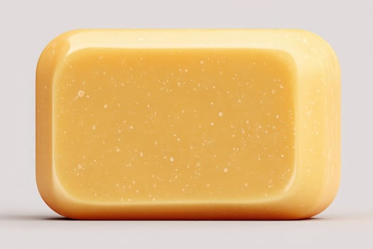 Bright yellow soap rests on a clean surface, showcasing its smooth shape and tiny speckles. The lighting highlights its glossy texture, creating an inviting appearance. photo