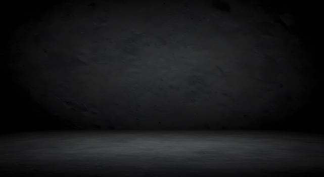 An empty room with a dark floor and a large light photo