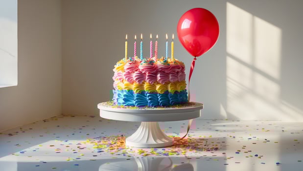 A vibrant tiered birthday cake with lit candles and balloon creates a festive ambiance. photo