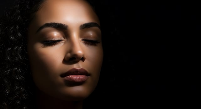 A woman with dark curly hair and eyes closed photo