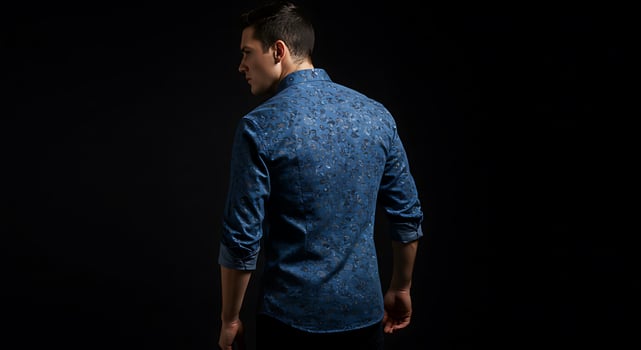 A man in a blue shirt standing against a black background photo