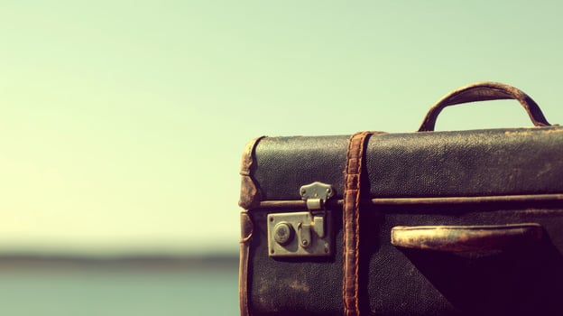 Vintage Dark Brown Leather Suitcase Outdoors photo