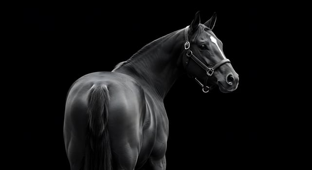 A black horse is standing in front of a black background photo