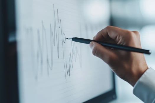 Remote work in a virtual space with high efficiency. Analyzing data trends with a digital pen on a touchscreen display. photo