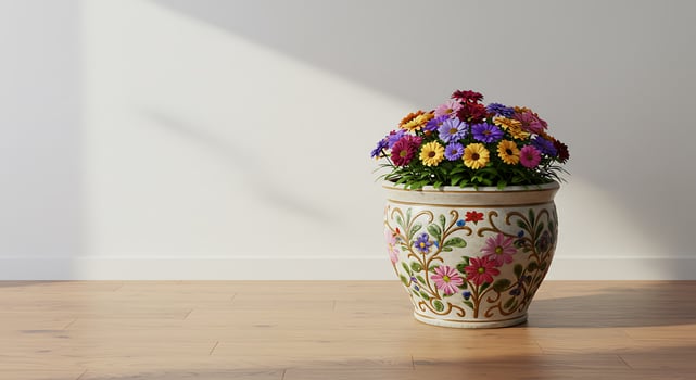 A flower pot with colorful flowers sitting on a hardwood floor photo