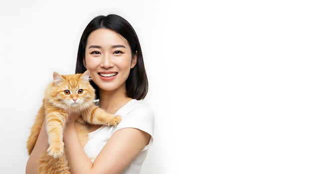 A woman holding a cat and smiling photo