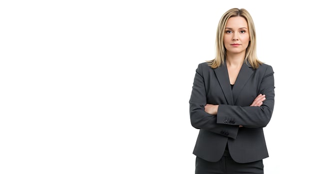 A woman in a business suit standing with her arms crossed photo