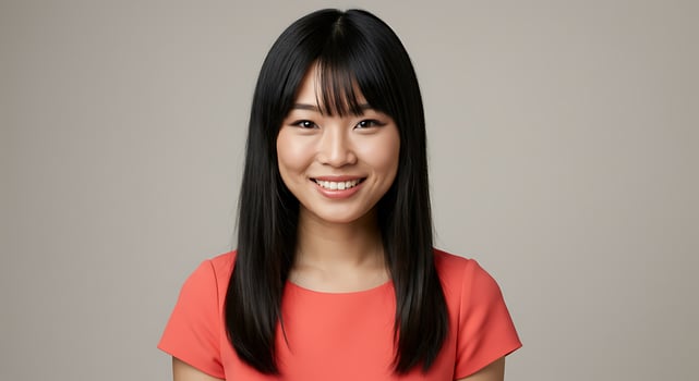 A woman with long black hair and a red shirt photo
