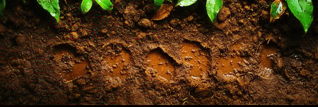 Fresh Soil with Animal Tracks Surrounded by Green Leaves in Nature Setting photo