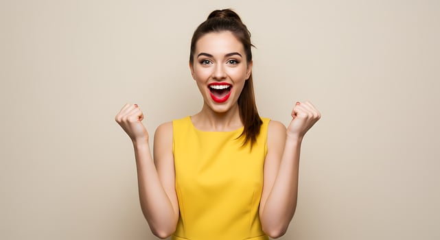 A woman in a yellow dress is making a fist photo
