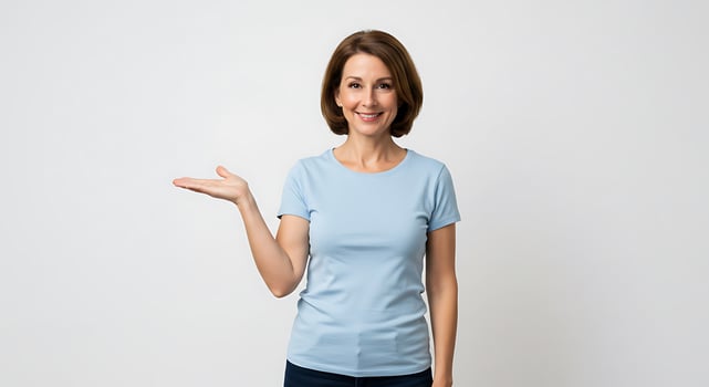 Smiling woman in blue t-shirt holding something photo