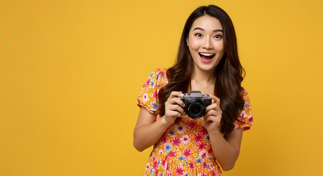 A woman in a floral dress holding a camera photo