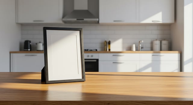 A blank frame on a wooden table in front of a kitchen photo