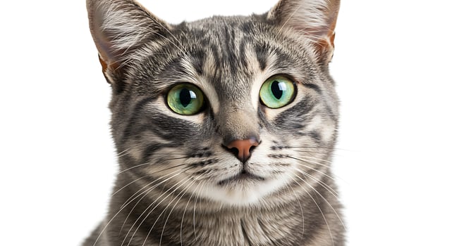 A gray cat with green eyes looking up photo