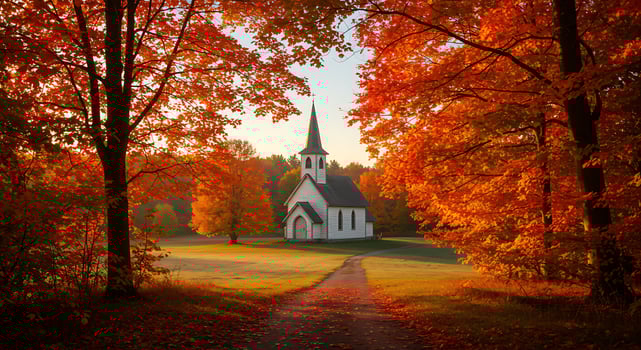 A church is surrounded by autumn trees photo