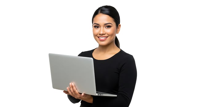 A woman holding a laptop computer photo