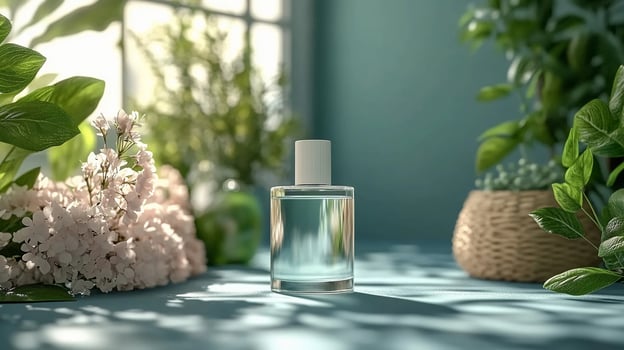 Product bottle mockup, jar on blue background with greenery and white flowers photo