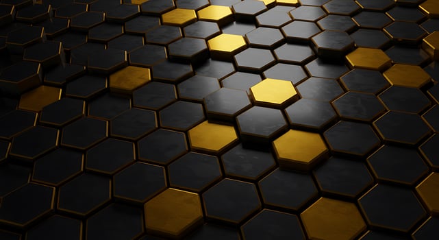 Golden hexagons on black background photo