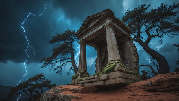 Ancient Stone Structure Stands Amidst a Dramatic Lightning Storm photo
