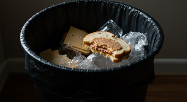 Discarded sandwich with meat spread in trash can among plastic waste and packaging materials photo