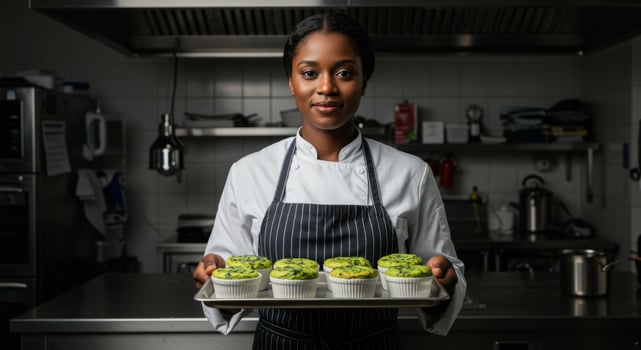 Female chef holding tray of freshly baked spinach souffles in kitchen wearing uniform and gloves photo